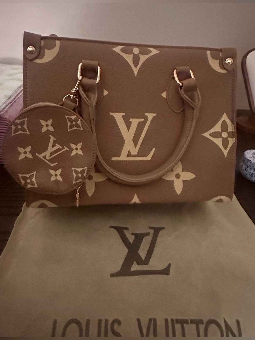 LEATHER FASHION BAG: Tan & Cream Monogram Satchel with Coin Pouch